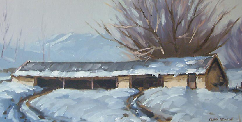 Signed New Zealand painting of Cottons Barn Arrowtown Winter 1972 by NZ artist Peter Beadle